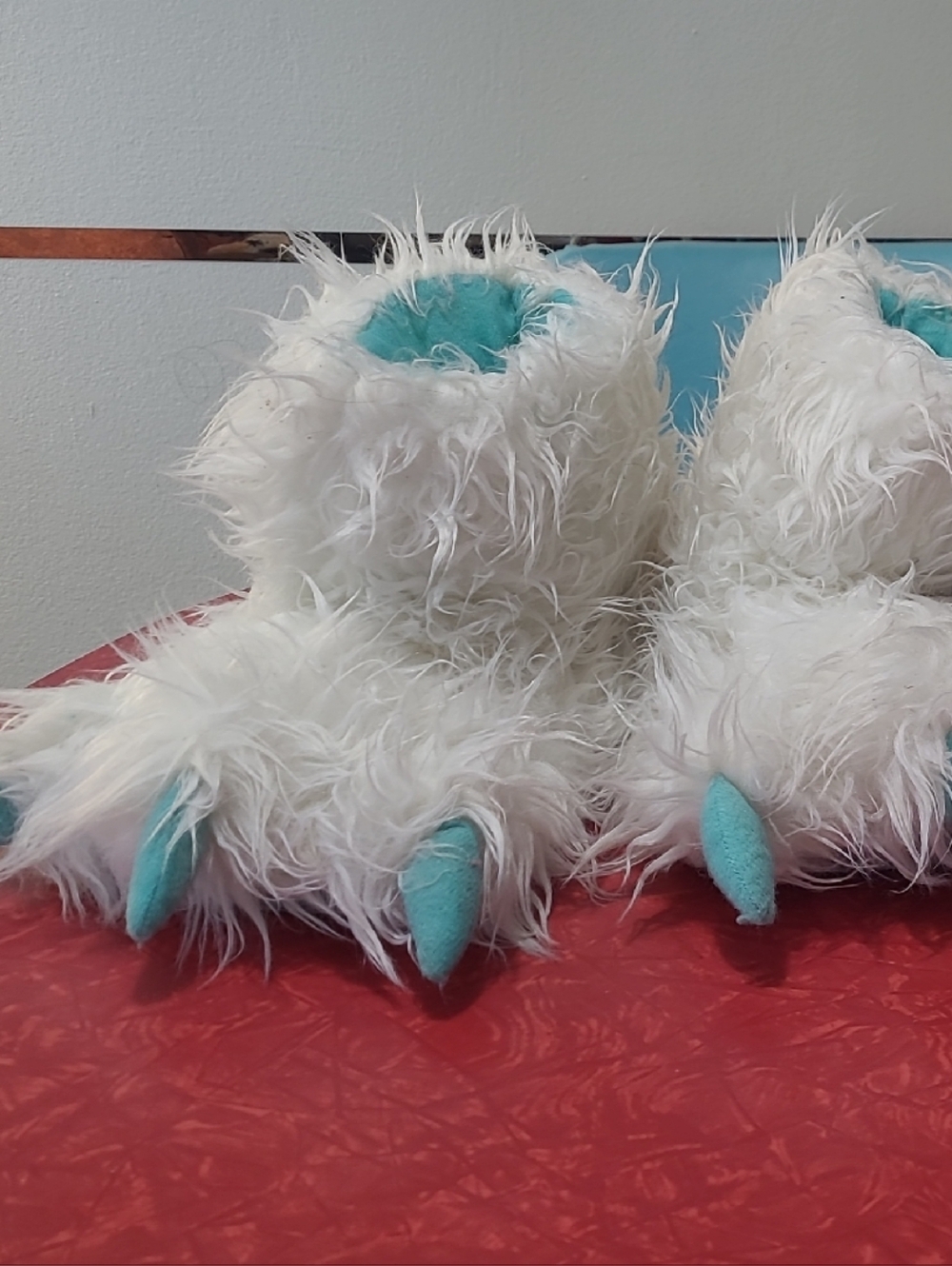 Lazy One Plush White Furry Monster Slippers with Teal Lining